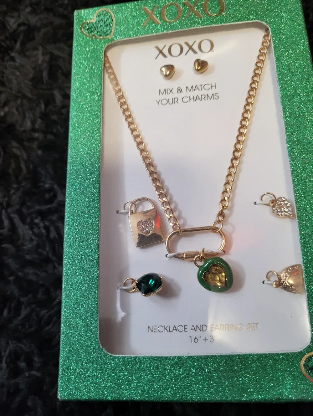 XOXO Gold-Tone Mix & Match Necklace and Earring Set with Green Accents